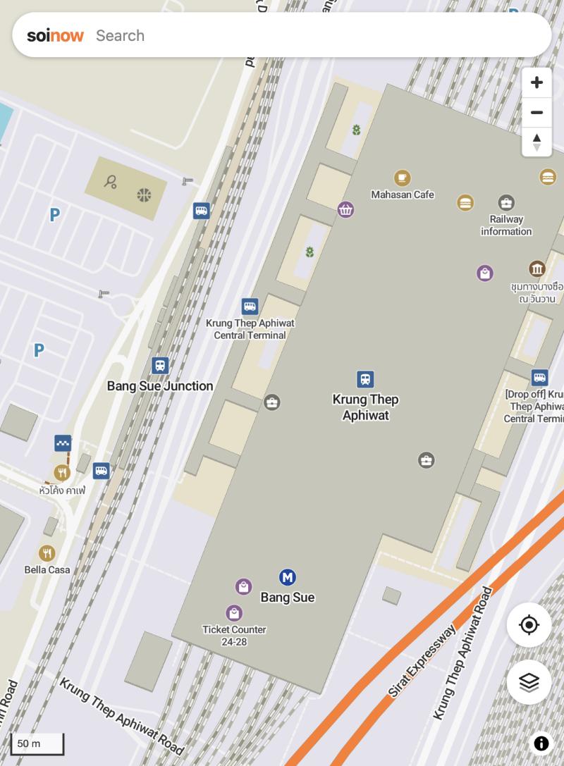 Krung Thep Aphiwat with its tracks, the MRT and the SRT stations
