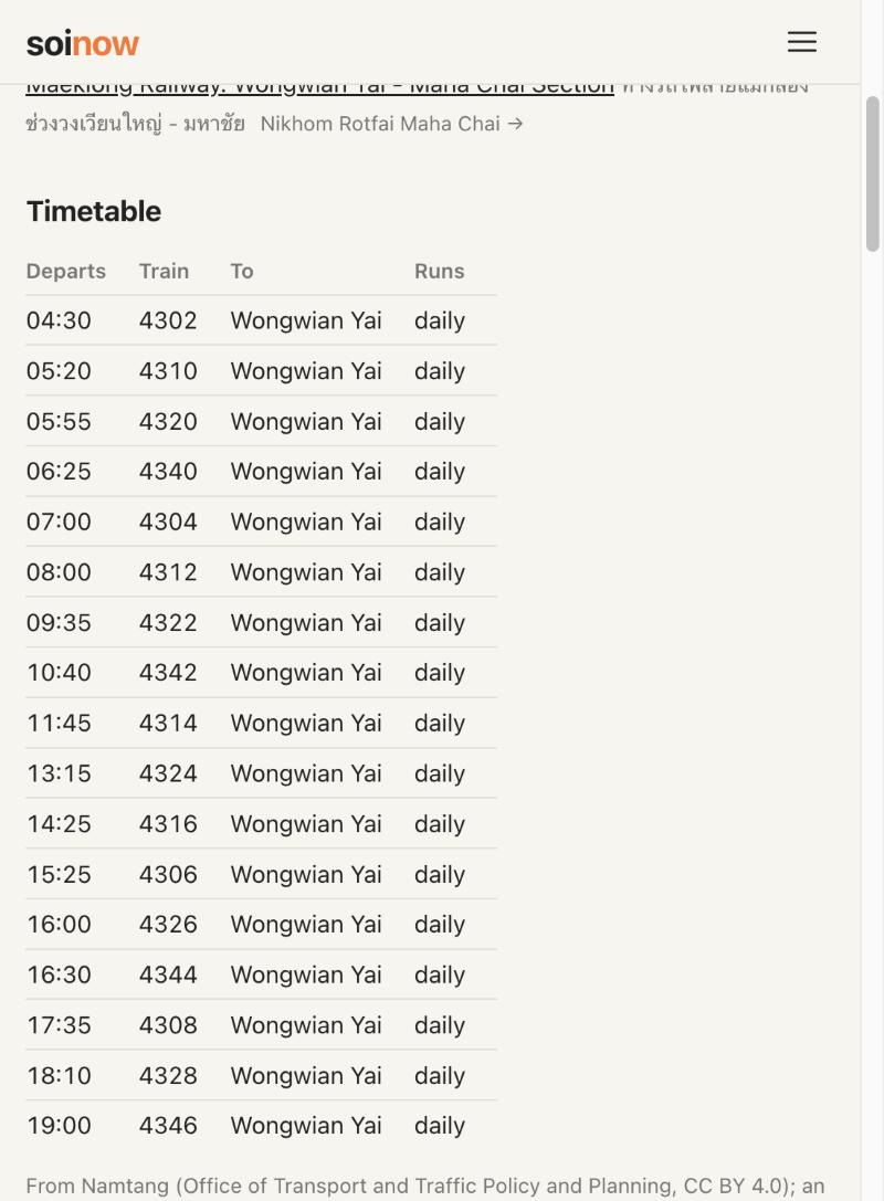The timetable at Maha Chai on the Maeklong line